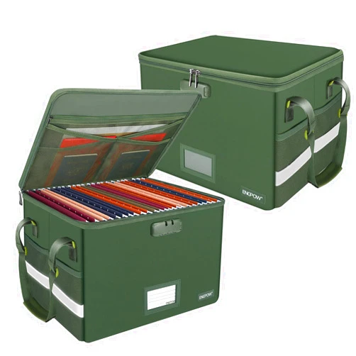 ENGPOW File Box with Lock, Fireproof Document Box with Pockets, Collapsible File Organizer Filing Storage Cabinet with Handle, Portable Home Office Safe for Hanging Letter/Legal Folders,Green,2 Pack