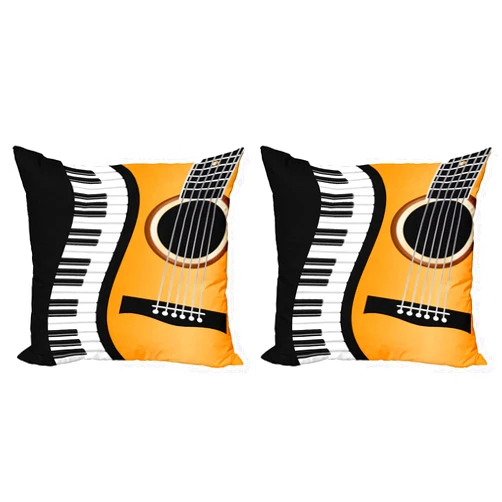 Ambesonne Music Decorative Throw Pillow Case Pack of 2, Conceptual Piano Keyboard Wave and an Acoustic Guitar Composition, Couch Bedroom Living Room Cushion Cover, 20