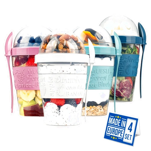 Crystalia Breakfast Cups Set, Take and Go Yogurt with Cereal Containers, Colorful Cups, 4 Pack