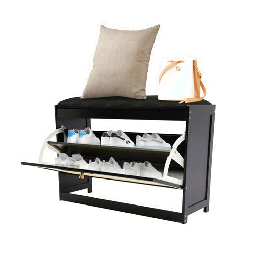 HaoYunNe 2-Tier Bamboo Shoe Bench Shoe Rack Stool with Cushion and Flip Door Shoe Organizer for Entryway Hallway Bedroom Living Room, 220 lbs Load-Bearing,27.5x9.4x17.3in (Black)