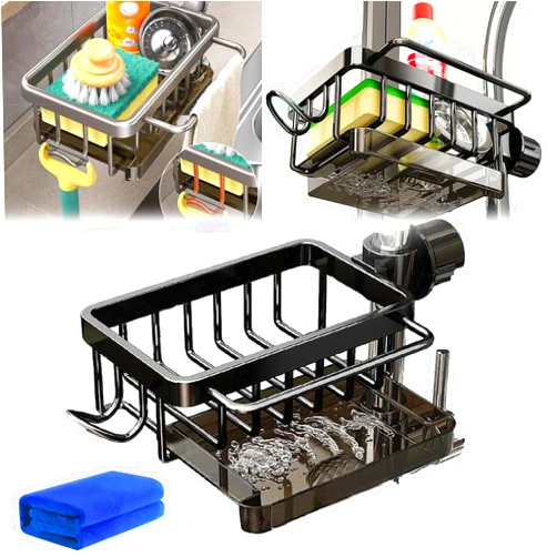 Zlimpty Kitchen Sink Faucet Organizer, Kitchen Sink Organizer Over Faucet, Sink Caddy Kitchen Sink Organizer, 2024 New Dish Sponge Holder Over Faucet, for 0.7-1.1inch Round Water Pipe (Black,Left)
