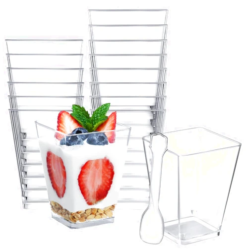 SHOPDAY 5 oz Plastic Dessert Cups 100 Pack Small Clear Square Parfait Cups with Spoons, Mini Plastic Tumbler Serving Cups for Tasting Party Appetizers Mousse Yogurt