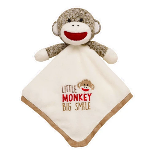 Baby Starters Plush 14 inch Snuggle Buddy with Embroidery and Satin, Sock Monkey Blanket and Toy, Tan