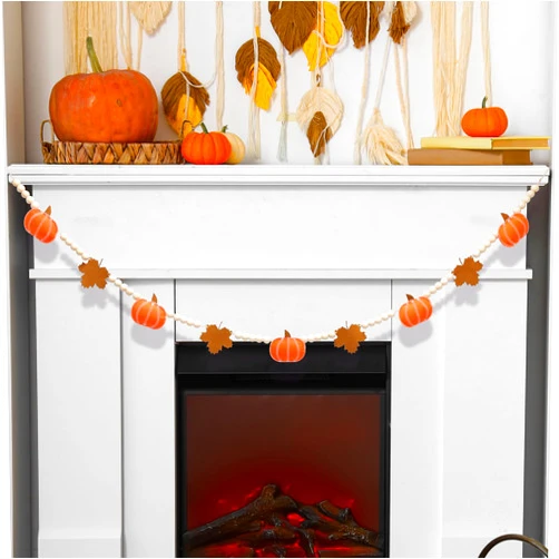 RGISHOP Fall Felt Garland 6.5FT Fall Wood Bead Garland with Felt Pumpkin and Maple Leaves Fall Decorations for Home Wall Shelf Tray Fireplace Autumn Hanging Fall Decor