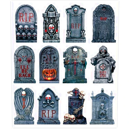 Whaline 48Pcs Halloween Tombstone Cutouts with 100 Glue Points 12 Style Gravestone Cut Outs Skull Skeleton Grimace Pumpkin Pattern Paper Cutting for Halloween Party Classroom School Decoration, 6.3In