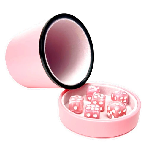 Luck Lab Pink Leather Dice Cup with Lid Including 6 Matching Pearl Dice - Pink Velvet Interior for Quiet Shaking - Use for Liars Dice Farkle Yahtzee Board Games