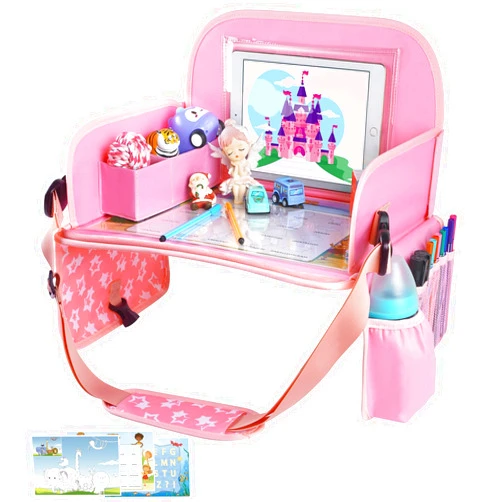 MENZOKE Kids Travel Tray for Toddler Car Seat, Lap Tray for Girl Activities with Dry Erase Board & Cooler Cup Holder, Road Trip Essentials Accessories with No-Drop Large Tablet iPad Holder Stand,Pink