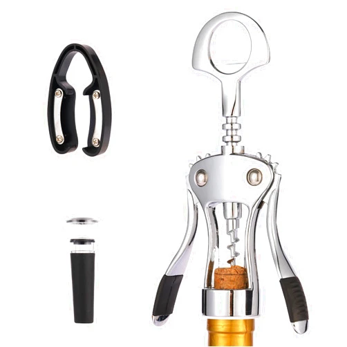 QONYFONE Wine Opener–Premium Zinc Alloy Wing Corkscrew, Heavy Duty Manual Multifunctional Bottle Opener for Kitchen, Restaurant, Bar and Waiters, Silver