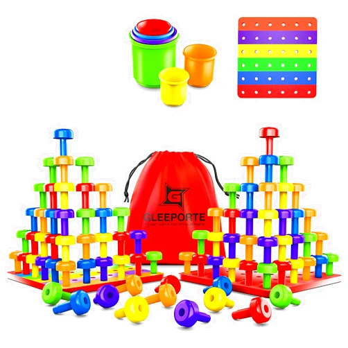 Gleeporte Stacking Peg Board Set Toy | JUMBO PACK | 60 Pegs & Board + FREE Stacking Cups + FREE Colorful Board + FREE Storage Bag | STEM Color Learning Montessori Occupational Therapy Fine Motor Skills Toddlers Pegboard Toys Set + Free Bonus Stacking Cups Basic pack