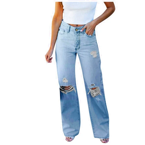 Larisalt Women's Modern Wide Leg High Waisted Jeans, Blue, Size 33x30, High Rise, Flat Front, Casual, Solid, Jeans
