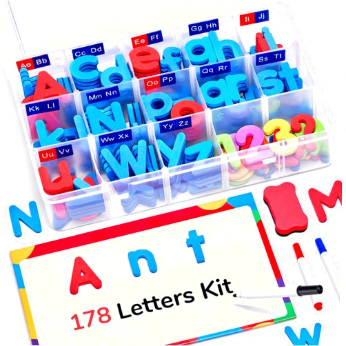 Gamenote Classroom Magnetic Letters Kit 178 Pcs with Double-Side Magnet Board - Foam Alphabet Letters for Kids Spelling and Learning
