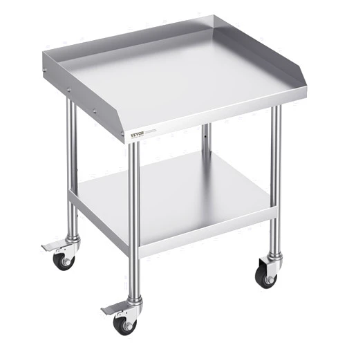 VEVOR Stainless Steel Work Table, 24 x 28 x 30 Inch Commercial Food Prep Worktable with 4 Wheels, Casters, 3-Sided Backsplash Heavy Duty Prep Worktable, Metal Work Table for Restaurant Home Hotel