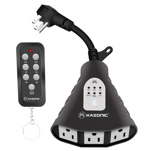 K KASONIC - Outdoor Light Timer, Waterproof Plug in Sensor Outlet Timer Switch, 100 ft Range Remote Control with 3 Grounded Electrical Outlets for Home and Garden, ELT Listed