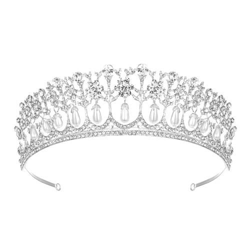 SWEETV Princess Diana Tiara for Women, Silver Pearl Wedding Crown for Bride, Rhinestone Costume Accessories for Birthday Party Prom