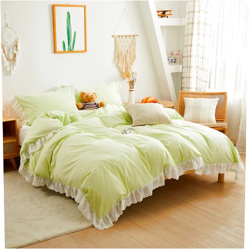 Perkily Softta Vintage 3Pcs Duvet Cover Queen Size Light Green Bedding Set White Lace Ruffle 100% Washed Cotton Zipper Closure Fashion Light Green