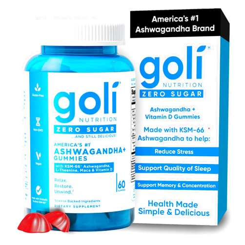 Goli Zero Sugar Ashwagandha Gummies with KSM-66, L-Theanine, Maca and Vitamin D - No Sugar Alcohols - Vegan, Keto-Friendly, Non-GMO