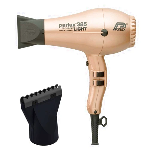 M Hair Designs Parlux 385 Powerlight Ionic and Ceramic Light Gold Hair Dryer and M Hair Designs Hot Blow Attachment Black (Bundle 2 Items)