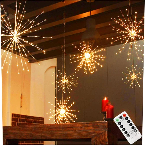PXBNIUYA 200LED Hanging Sphere Lights, Battery Operated Starburst Lights, 8 Modes Dimmable Remote Control, Waterproof Fairy Lights, Copper Wire Lights for Indoor Outdoor Christmas Decor (Warm White)