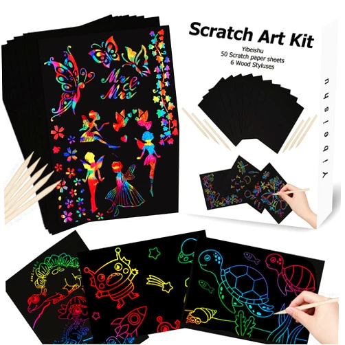 Yibeishu Art Set for Kids Rainbow Magic Scratch Off Paper Black Scratch Sheets Notes Cards Boards Doodle Pads Childrens Crafts Projects Kit for Girls Boys Adults Birthday Christmas Gift