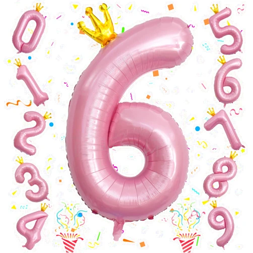 Isndare Large Number 6 Balloons, Light Pink 40 Inch Foil Number Balloon for Women, Crown Pearl Pink Self Inflating 0-9 Set Balloons for Girls 6th Birthday Party Decor Anniversary Party Decorations Supplies