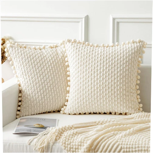K KEVIN TEXTILE Kevin Textile Cream Corduroy Decorative Throw Pillow Covers Pack of 2 Pom-pom Soft Boho Striped Pillow Covers Modern Farmhouse Home Decor for Sofa Living Room Couch Bed 18x18 Inch