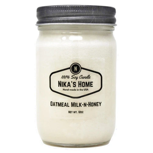 Nika's Home Oatmeal Milk-n-Honey Soy Candle 12oz Mason Jar Non-Toxic White Soy Candle-Hand Poured Handmade, Long Burning 50-60 Hours Highly Scented All Natural, Clean Burning Candle Gift Décor