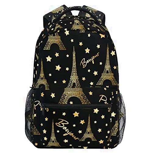 MNSRUU Travel School Backpack Paris Romantic Gold Glitter Stars And Eiffel Tower College Laptop Backpacks High School Bookbags for Adult Teen