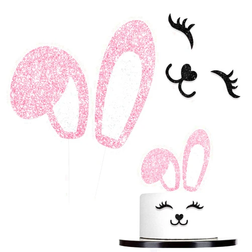 LETLIMIT Pink Glitter Bunny Ears Cake Topper Decor Supplies Eyelashes Nose Picks for Easter Rabbit Theme Happy Birthday Spring Easter Party Decorations