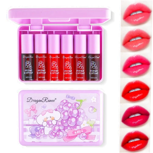 Eakroo 6 Colors Grapes Lip Tint Stain Set, Korean Velvet Lip Stain Watery Lip Stain Tint Moisturizing Mini Liquid Lipstick Set, Long Wearing, Non-Stick Cup, Waterproof, High Pigment, Lip Tint Makeup