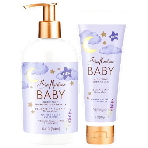SheaMoisture Shea Moisture Baby Care Set – Relaxing Nighttime Shampoo & Bath Milk + Nighttime Body Cream for Delicate Skin, Manuka Honey & Lavender (2 Piece Set)