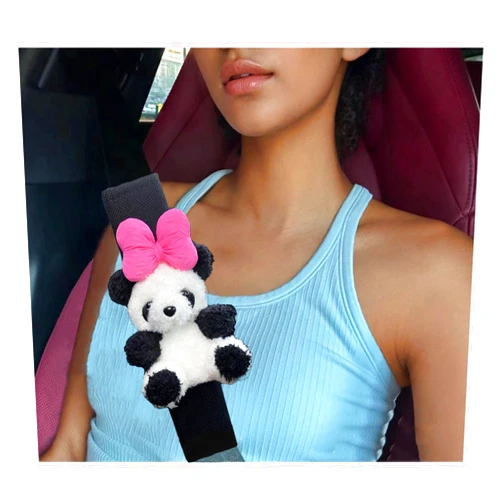 Krdrgey 2 Pcs Panda Seatbelt Pads Cover, Cute Family Travel Carseat Belt Strap with Comfort Plush Cushions Shoulder Pads, Neck/Shoulder Protector, Calming Accessory in Car (Panda Pink Bow tie Belt)