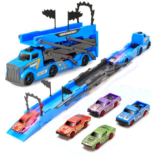 Xuyongjun Carrier Truck Toys for Kids,Toddle Toys Truck Set with 4 Die-Cast Metal Small Race Cars Foldable Track Truck & DIY Flags,for Kids and Boys Gifts for Ages 2 and Up, Birthday Gift (Blue)