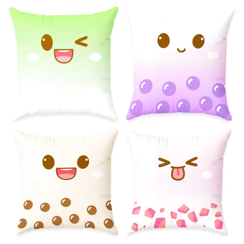 BelugaDesign Cute Throw Pillow Cases | 4 Pack Boba Bubble Tea Anime Cartoon Chibi Faces | Kawaii Decorative Living Room Decor Set for Girls (18x18, 4 Multi)