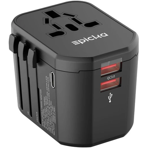 EPICKA Universal Travel Adapter, International Plug Adapter with 2 USB-A & 1 USB-C Ports, Travel Power Adapter Worldwide, All-in-One Wall Charger for USA EU UK AUS (TA-103PD, Black)