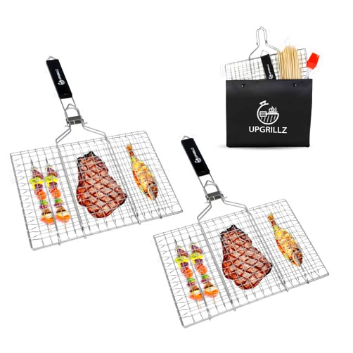 Upgrillz Portable BBQ Fish Grill Basket for Outdoor Grill, Rustproof 430 Stainless Steel with Detachable and Foldable Handle Includes 50 Bamboo skewers, basting Brush, and Carry Bag (Pack of 2)