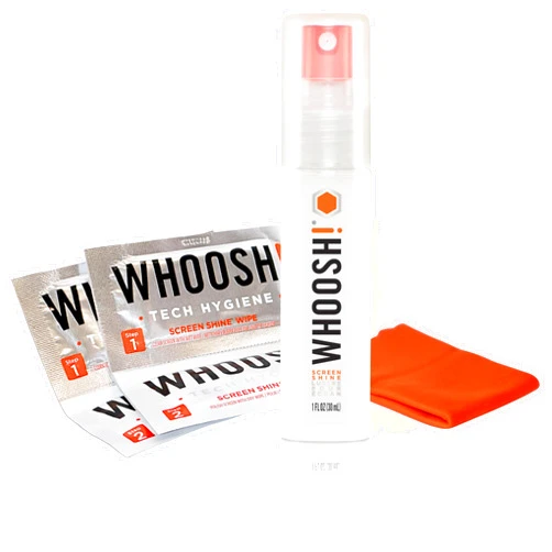 WHOOSH! Glasses Cleaner Spray - 1 fl oz + 1 Microsuede Cloth + 2 Screen Wipes, Travel Size Eyeglass Cleaner for Sunglasses, Laptop Screen Cleaner for MacBook, Computer - Glasses Cleaning Kit