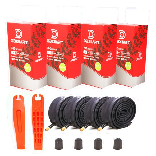 DBXIIART Bike Tubes 4 Packs 700x38C 700x40C 700x43C 700x45C 38C/40C/42C/43C/45C Schrader Valve 35mm 48mm Heavy Duty Bicycle Tubes Premium Quality Butyl Inner Tubes(2 Strong Tire Levers)