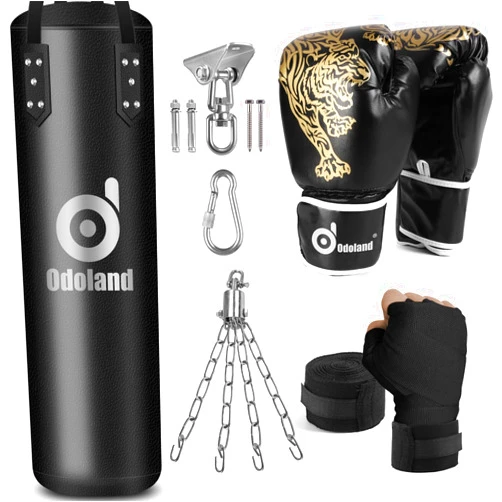 Odoland 6-in-1 Punching Bag Unfilled Set for Men and Women, 4FT Kick Boxing Heavy Bag with 12OZ Punching Gloves and Hand Wraps, Hanging Chains for MMA Karate