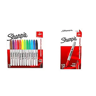 SHARPIE Permanent Markers, Fine Point, Assorted Colors, 12 Count & Permanent Markers, Fine Point, Red, 12 Count 12 Count (Pack of 1) Markers + PEN,30002