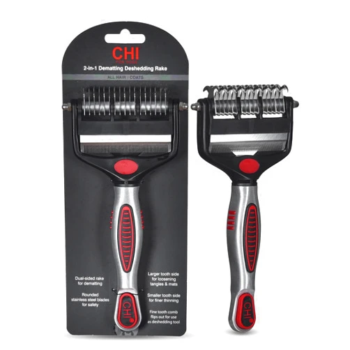 CHI for Dogs 2 in 1 Dematting and Deshedding Rake, Dual Head Dog Grooming Tool with Wide Tooth Dematting Rake and Fine Deshedding Rake, Detangler Comb for Thick Double and Long Dog Coat