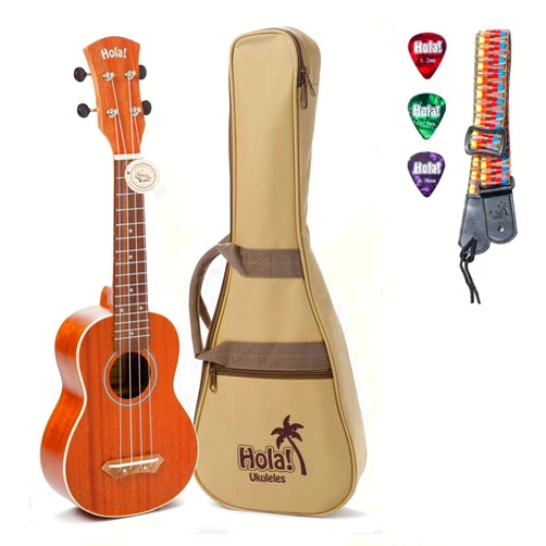 Hola! Music HM-121MG+ Deluxe Mahogany Soprano Ukulele Bundle with Aquila Strings, Padded Gig Bag, Strap and Picks, Natural