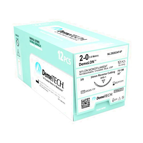 DEMETECH DemeLON Non-Absorbable Nylon Monofilament Suture, DFS-1, 24mm, 3/8 Circle, Reverse Cutting Needle, USP Size 2-0, 30 inches, (75cm), Blue