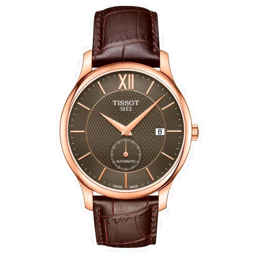 Tissot Mens Tradition Automatic Small Second 316L Stainless Steel case with Rose Gold PVD Coating Automatic Watch, Brown, Leather, 20 (T0634283606800)