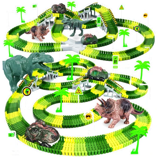 Toyk Dinosaur Toys, 252 PCS Create A Dinosaur World Road Race Tracks, Flexible Track Playset, 2pcs Dinosaur Car for 3 4 5 6 Year Old Boys Girls Birthday Party Favor Gift