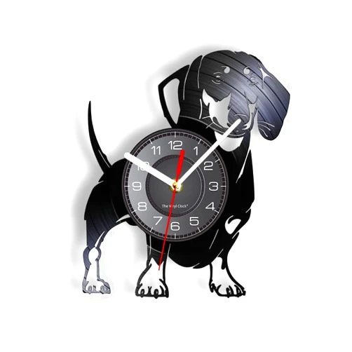 Timethink Dachshund Dog Vinyl Record Wall Clock Doxie Home Decor Battery Operated Silent Quartz Watch Wiener-Dog Album Music Record Clock Sausage Dog Puppy Lovers Gift