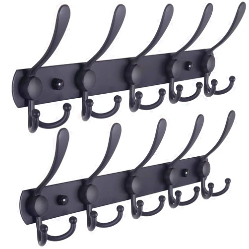 Dseap Coat Rack Wall Mounted - 5 Tri Hooks, Heavy Duty, Stainless Steel, Metal Coat Hook Rail for Coat Hat Towel Purse Robes Mudroom Bathroom Entryway (Black, 2 Packs)