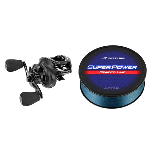 KastKing Zephyr Baitcasting Fishing Reel, Right Handed, Black & KastKing Superpower Braided Fishing Line, Gray, 15 LB, 150 Yds