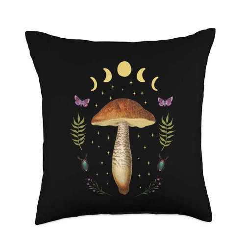 Witchy Goth and Celestial Lunar Creations Dark Academia Cottagecore Aesthetic Magical Mushroom Fungi Throw Pillow