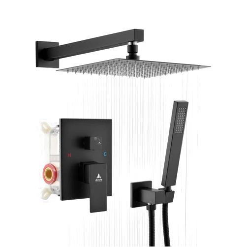 Arofa 10 Inch Shower System Matte Black Shower Faucet Set Complete with Valve, Multi Function Rain Shower Fixtures Rainfall Shower Head and Handheld Combo Kit for Bathroom Wall Mounted