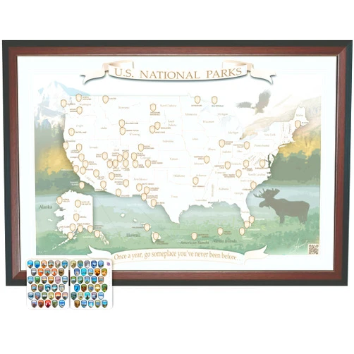 Handmade National Parks Map | Push Pin and Domed Stickers | USA National Parks Travel Map in mahogany/black frame. Map size including frame 28 x 19 inches
